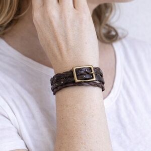 Braided Leather Bracelet with Gold Buckle